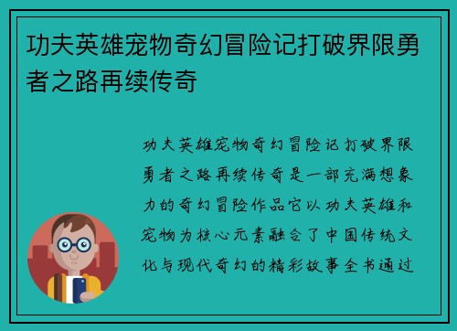 功夫英雄宠物奇幻冒险记打破界限勇者之路再续传奇
